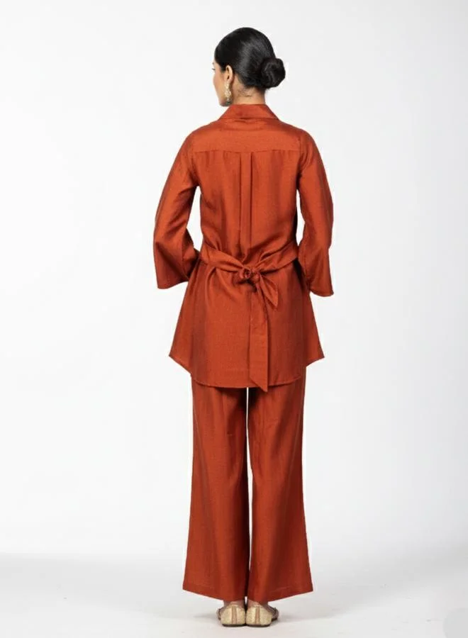 WineRed طقم قميص مطرز وبنطال بأرجل واسعة